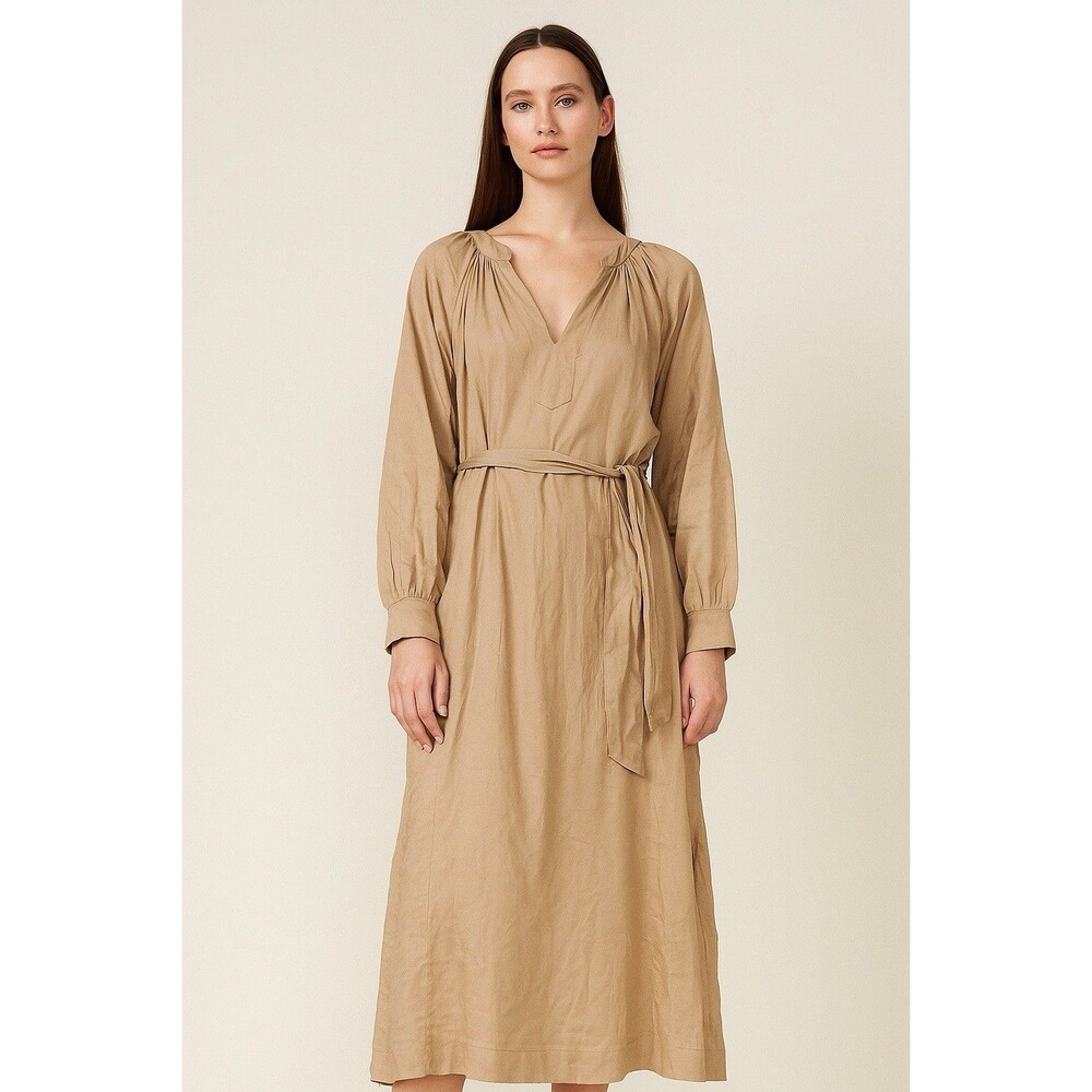 H&M Womens Large Dress Khaki Belted Dress Long Puff Sleeve Midi Slit NWT